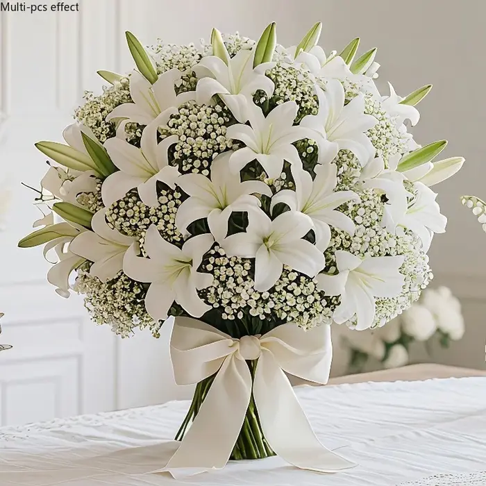 Bouquet de 25 lys artificiels avec gypsophile