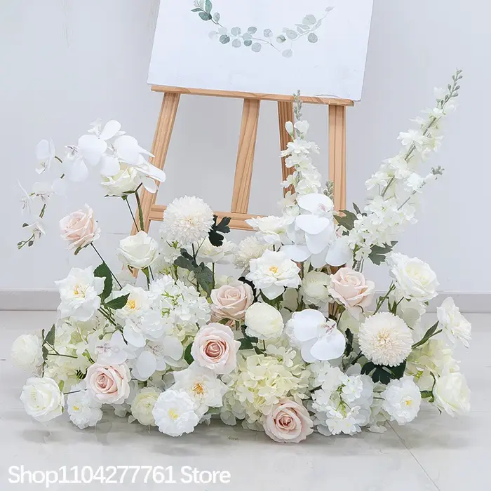 Arrangement floral blanc Rose hortensia plancher artificiel rangée de fleurs toile de fond de mariage souffle de bébé événement fête guide routier affichage
