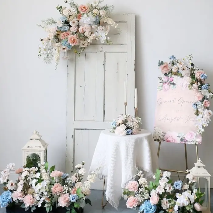 Blush blanc bleu clair fleurs artificielles décoration de mariage Pastel rose coin Swag arc fleur Arrangenmet Table pièce maîtresse