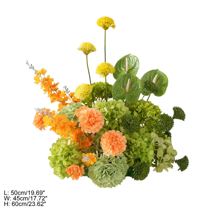 Angela A9143 Arrangement floral artificiel en hydrangeas et palmiers pour allée
