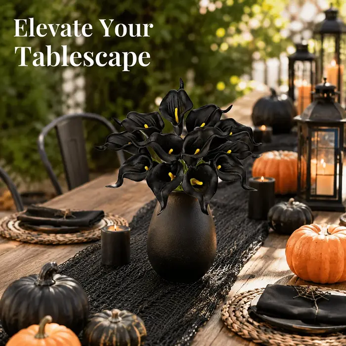 Bouquet de 10 tiges de Zantedeschia artificielles en noir minuit, style gothique sombre, faux lys calla pour Halloween
