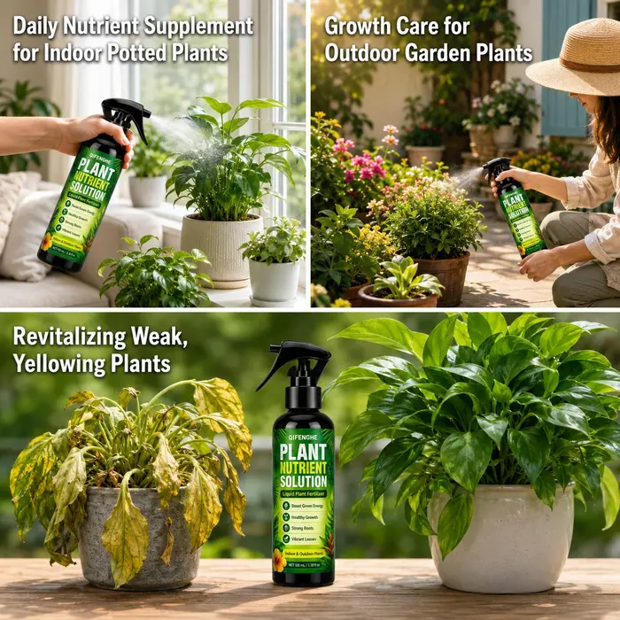 Engrais liquide universel pour plantes, favorise la croissance des racines et des feuilles vertes, idéal pour la revitalisation des plantes en pot d'intérieur.
