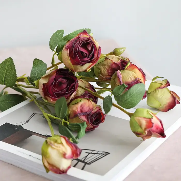 Simulation Roses Bouquet bord brûlé fausses fleurs en soie mariage Floral intérieur extérieur centre commercial décoration crème Rose fleur artificielle