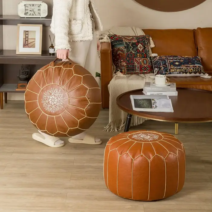 Coussin rond doux en cuir PU, oreiller décoratif marocain, pouf sans noyau, décoration d'intérieur moderne, Un197