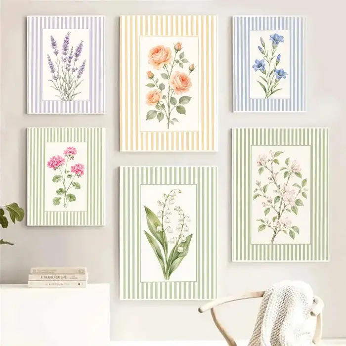 Tableau d'art mural moderne en toile avec motifs floraux rayés et calligraphie pour la décoration intérieure de la maison et de la chambre