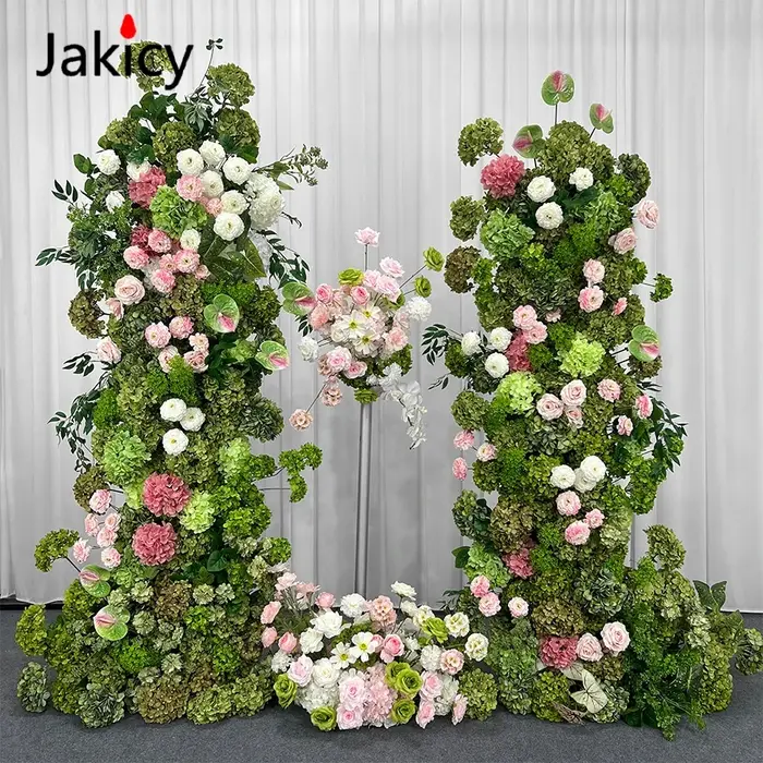Décoration florale en rangée pour mariage, rose, pivoine, hydrangea vert, rose et blanc, fournitures pour scène d'événement, affichage de fenêtre photo, panneau KT