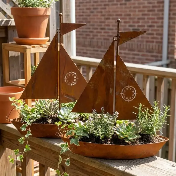 Pot de fleurs rustique en forme de voilier, pot à succulentes vintage nautique fait main en métal, résistant aux intempéries et antirouille, jardinière en forme de bateau