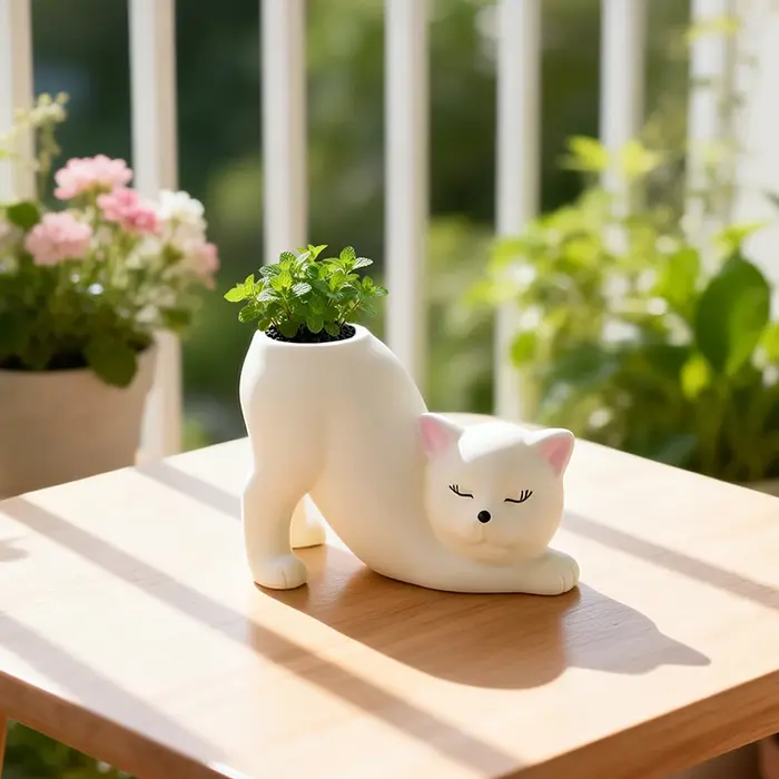 Pot de fleurs fantaisie en résine en forme de chat bouclé