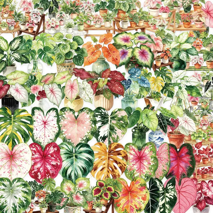 Ensemble de 50 autocollants représentant des plantes de caladium en pot, idéal pour décorer un ordinateur portable, un téléphone, une valise, une guitare, un carnet, une bouteille d’eau, un skateboard
