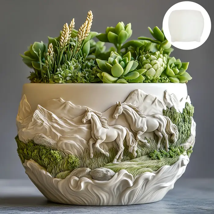 Étalon de course en relief plante succulente pot de fleurs résine silicone moule prairie cheval de guerre boîte de