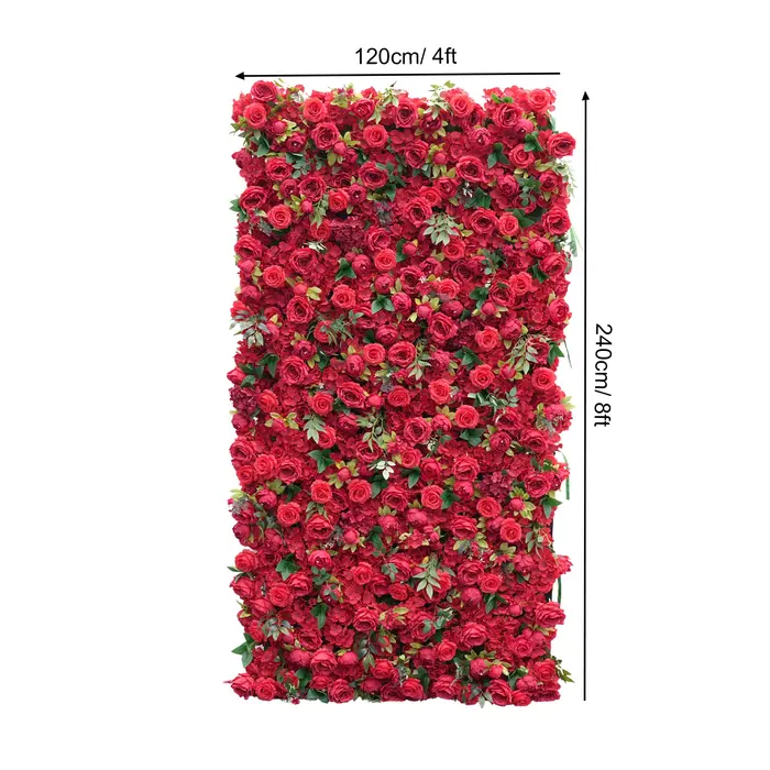 A8937 Rose rouge pivoine feuilles vertes 5D enroulable tissu Base fleur décoration murale mariage toile de fond Arrangement Floral fournitures de Banquet