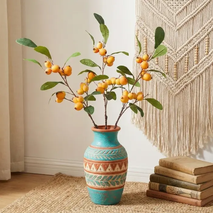 Branche de Loquat Artificielle à Feuilles Vertes