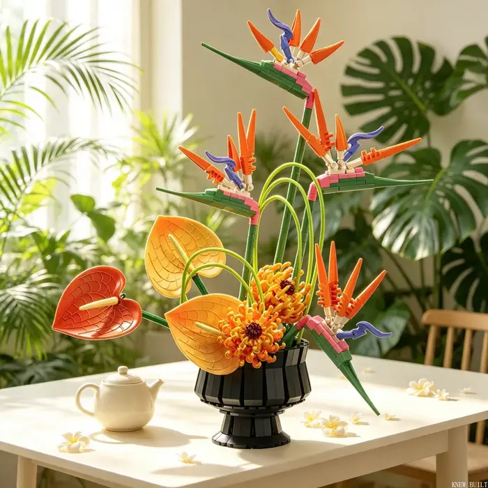 Bouquet de fleurs éternelles à construire avec blocs de construction, 885 pièces, accent romantique pour bureau, cadeau d'anniversaire ou de Saint-Valentin, décoration florale sans eau pour la maison