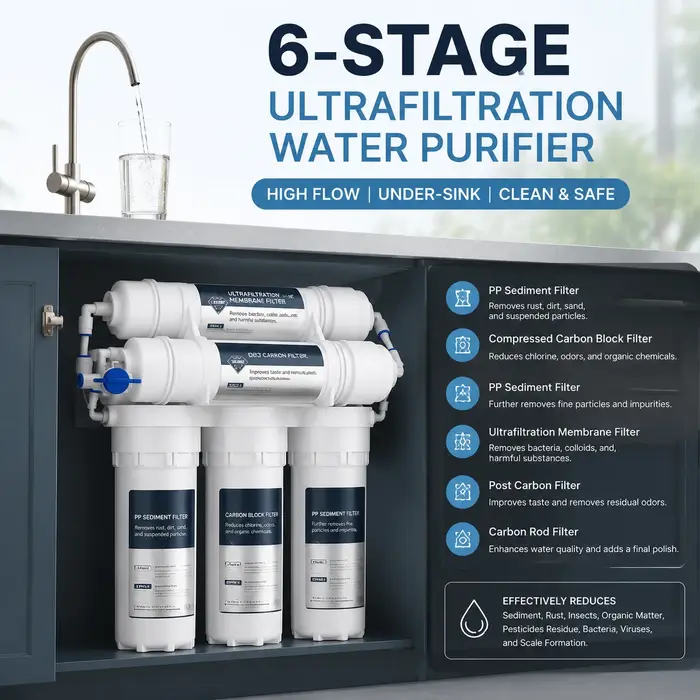 Purificateur d'eau à ultrafiltration 6 étapes, grand débit, anti-calcaire, filtre sous évier pour robinet d'eau, purification domestique de cuisine