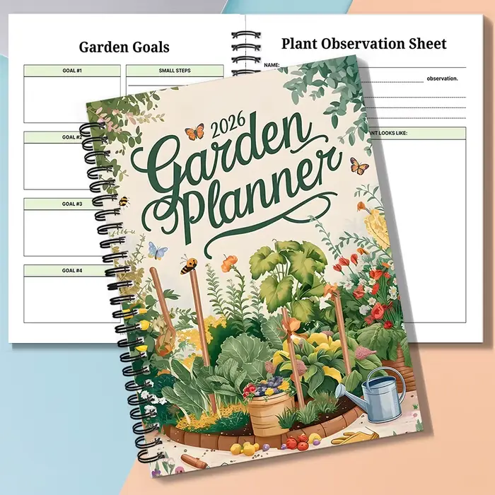 1 carnet à spirale, agenda de jardinage 2026 sur le thème du jardin potager, pour la planification des jardinières extérieures et des récoltes