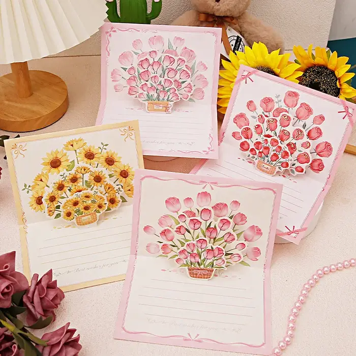 Pop-Up 3d tulipes Roses tournesols Bouquet carte de voeux