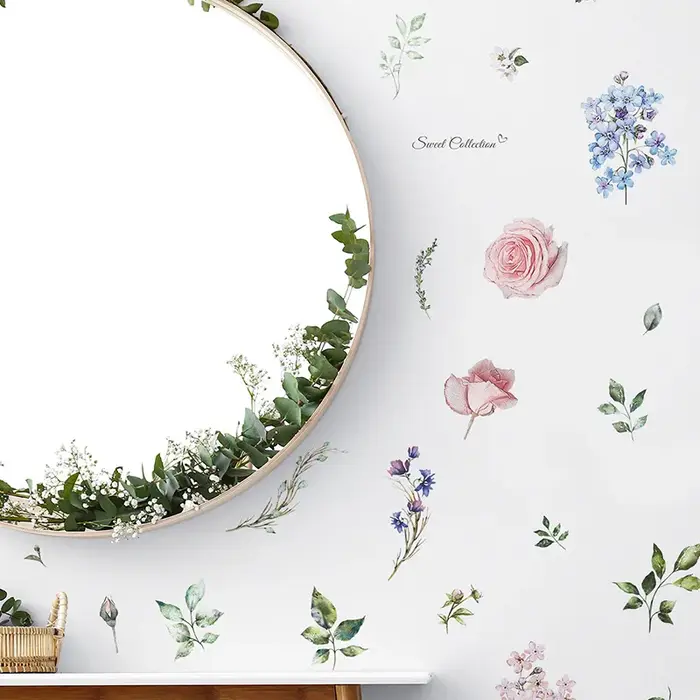 Autocollants muraux en forme de feuilles de fleurs fraîches, décoration de fond de salon, papier pei