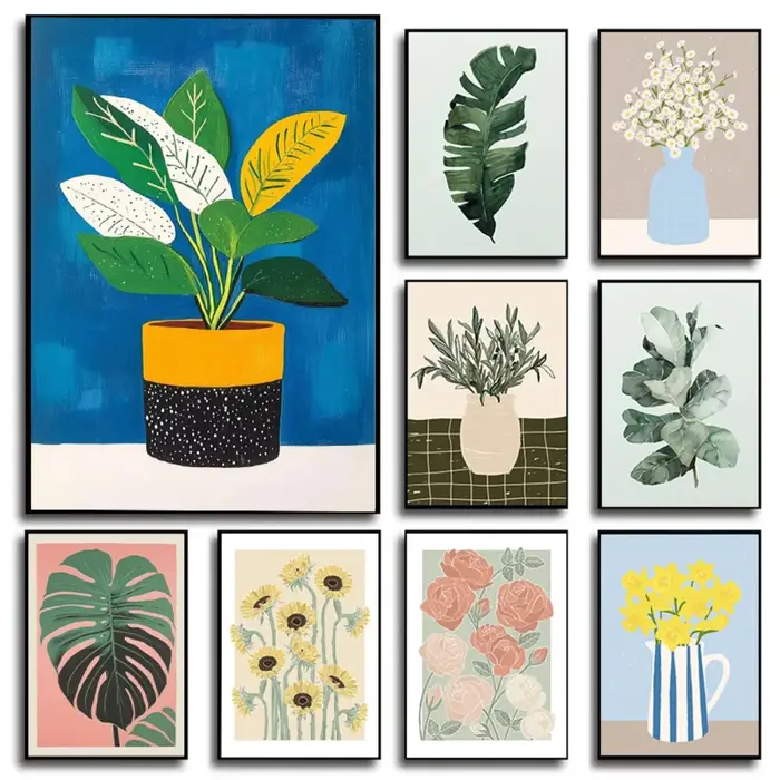 Affiche d'art de jardin avec vase à fleurs, illustration de plantes, impression sur toile, peinture murale, tableau décoratif pour la maison et le salon