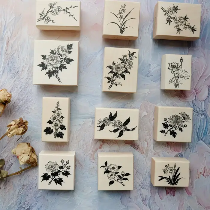 Ensemble de tampons en bois d'érable « Douze Dieux des Fleurs » – Matériel végétal pour la décoration de journaux, cadeaux, scrapbooking, bricolage et papeterie