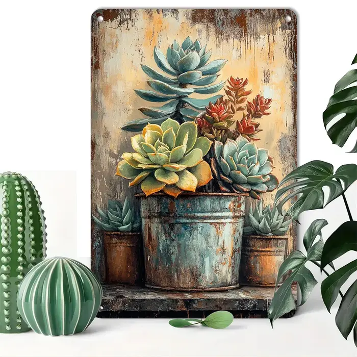 Décoration murale en métal avec motif de plantes succulentes vintage – Plaque botanique rustique en étain pour le bureau