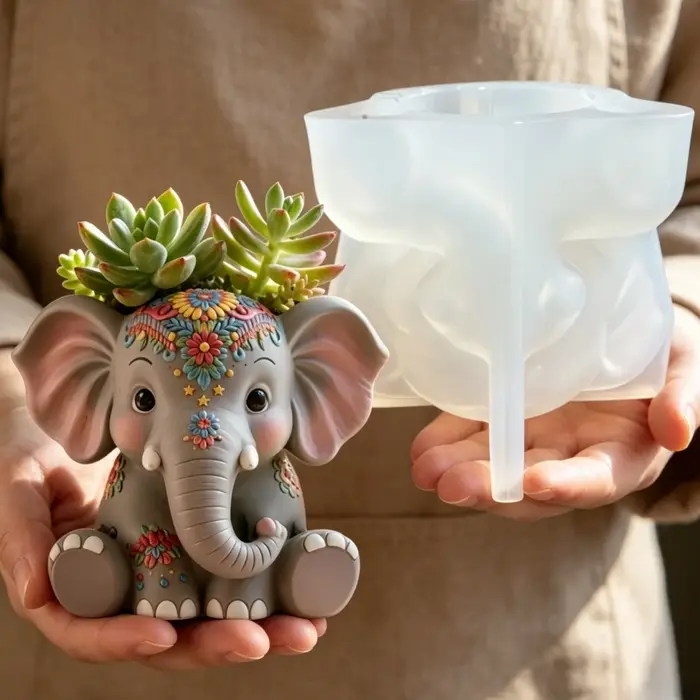 Moule en silicone pour pot de fleurs en résine, motif éléphant accroupi et plante succulente, boîte de rangement éléphant en relief floral, moule en gypse pour bougie