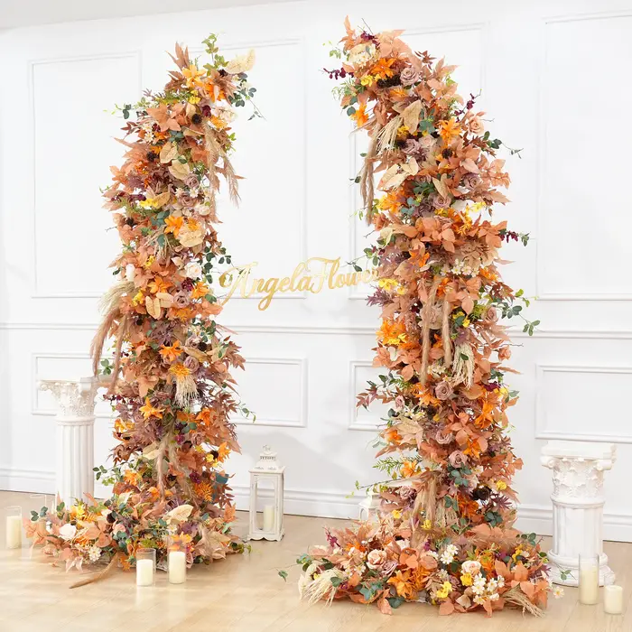 A8988 automne Orange Pampas herbe tissu Base Arrangement floral mariage toile de fond corne arc décor événement allée