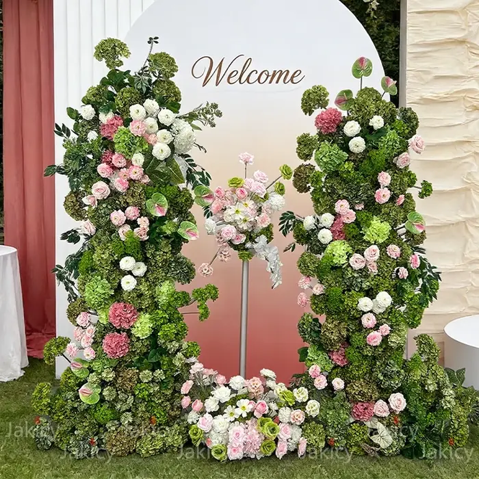 Décoration florale en rangée pour mariage, rose, pivoine, hydrangea vert, rose et blanc, fournitures pour scène d'événement, affichage de fenêtre photo, panneau KT