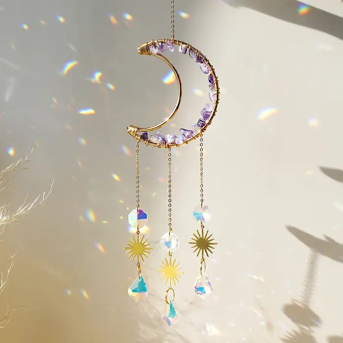 Améthyste Suncatcher lune cristal pierre précieuse Windchime Sun Catcher décor à la maison arc-en-ci