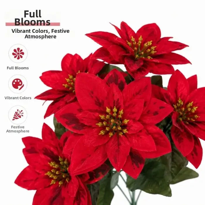 Bouquet de Poinsettias Artificiels Résistants aux UV, Feuilles Luxuriantes Réalistes, Baies de Poinsettia, Bouquet Floral, Aiguilles de Pin, Cônes de Pin
