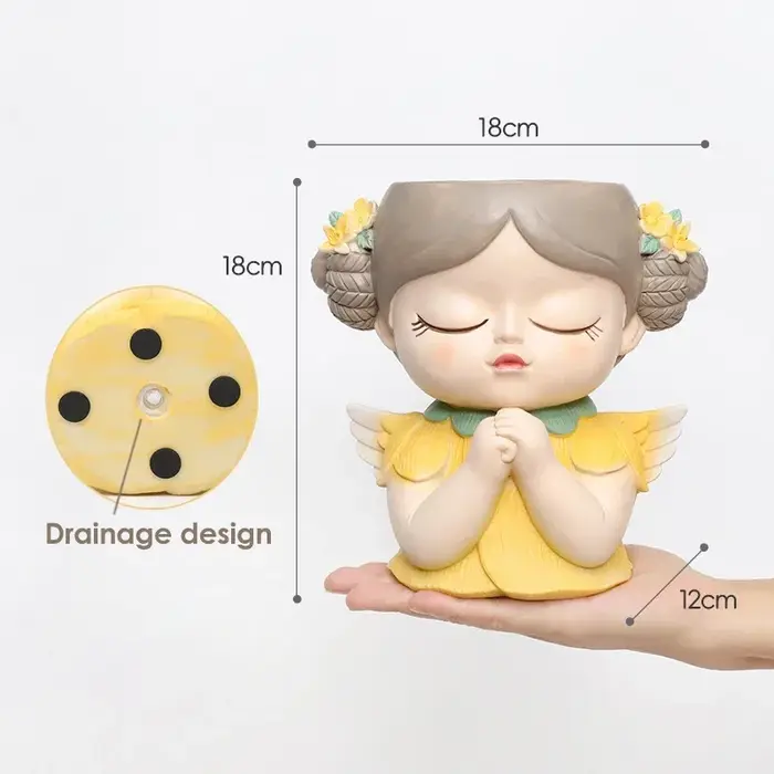 Pot de jardinière de visage de fille d'ange mignon de 7 pouces avec trou de Drainage