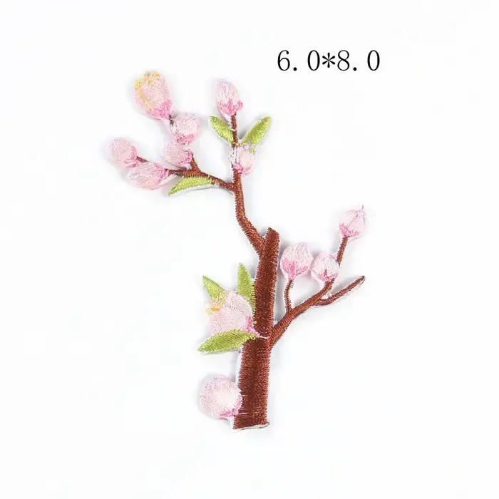 Appliques brodées de fleurs roses avec branche pour vêtements