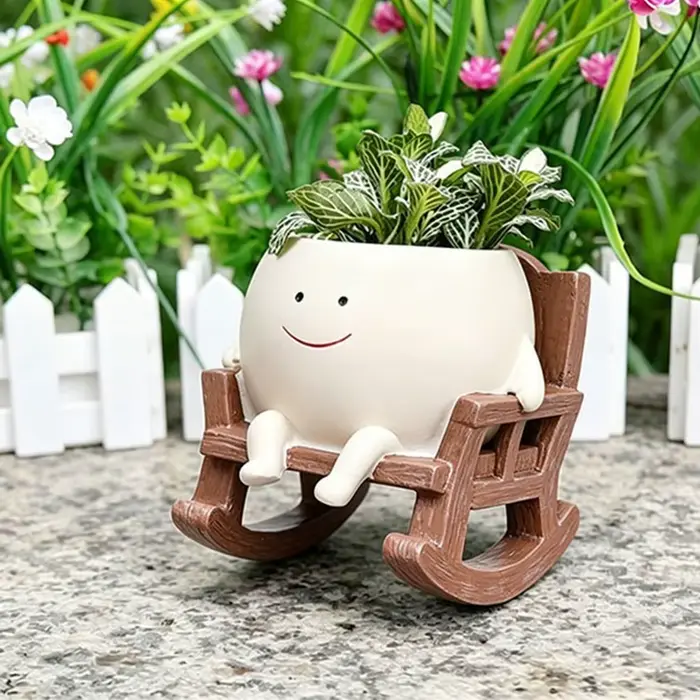 Mini Fauteuil à Bascule Visage Souriant, Pot de Plante Créatif, Jardinière Mignonne pour Intérieur, Balcon, Jardin, Cour, Décoration Florale de Grande Beauté