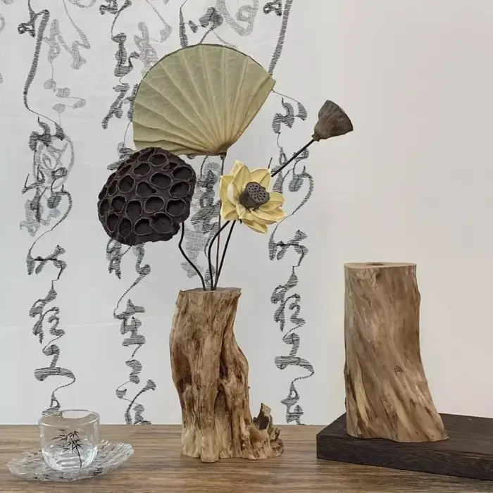 Vase de fleurs séchées en bois massif zen rétro chinois