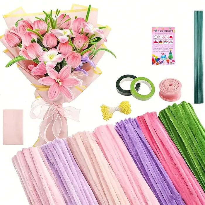 Kit de fleurs artisanales en fil de chenille 576 pièces