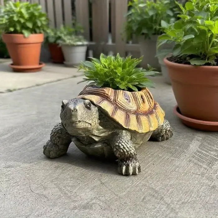 Jardinière succulente tortue réaliste avec trou de drainage. Résine durable