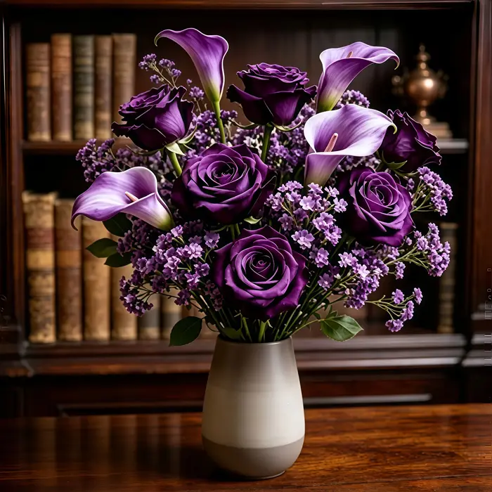 16 pièces (sans vase : 3 roses violettes + 3 lys calla violets + 10 fleurs de gypsophile violette) Bouquet de fleurs artificielles violettes, comprenant des roses violettes, des lys calla et des fleur