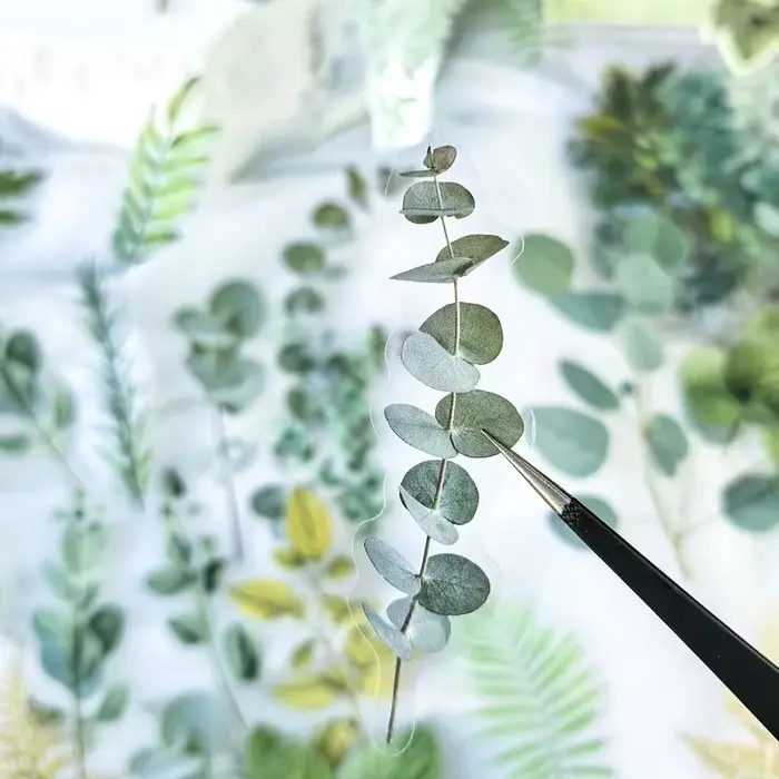 1 paquet de 40 autocollants décoratifs en PET en forme de feuilles de plantes vertes pour scrapbooking