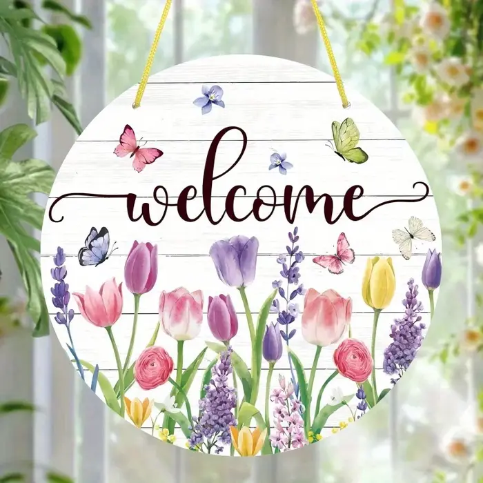 1 pièce, Panneau de bienvenue floral d'été en bois à suspendre, motif tulipe et papillon, idéal pour
