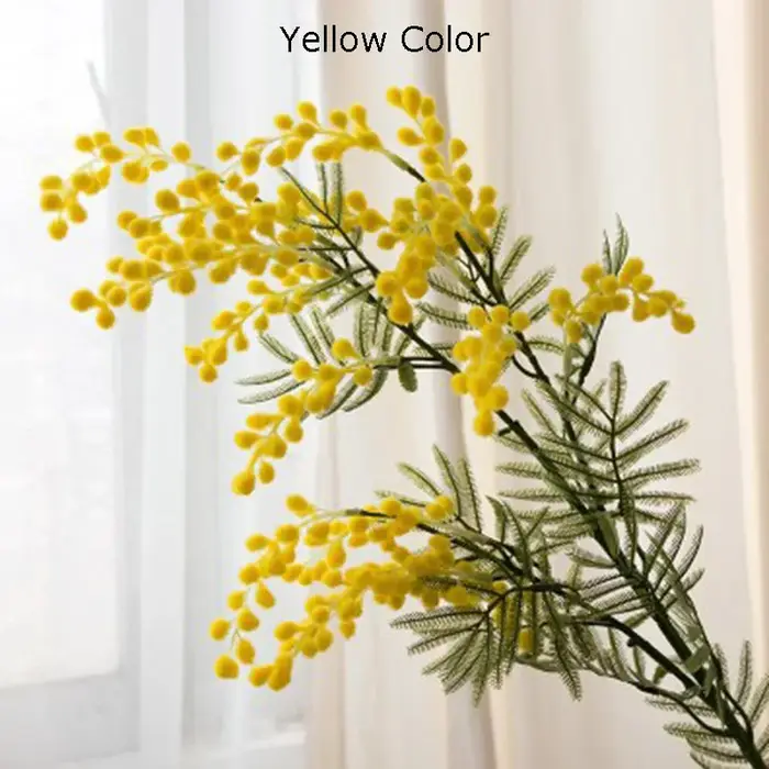 1 pièce, branche de fleur de mimosa artificielle blanche et jaune de 86 cm avec feuilles vertes, décoration de mariage, décoration de la maison, fleur d'acacia en soie, plantes artificielles