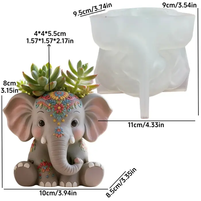 Moule en silicone pour pot de fleurs en résine, motif éléphant accroupi et plante succulente, boîte 