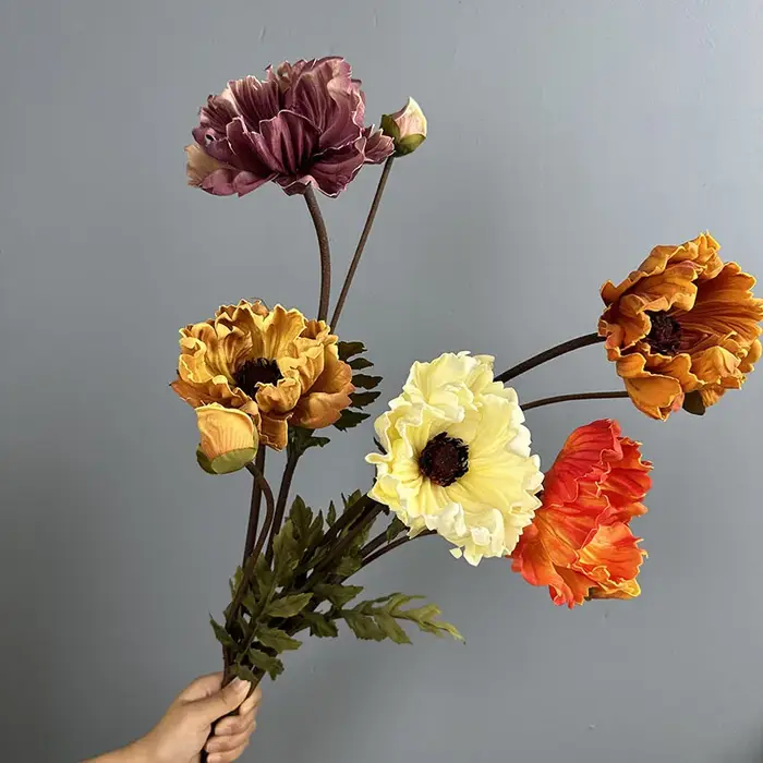 Lot de 5 grandes fleurs artificielles de pavot en PU pour décoration de jardin et restaurant