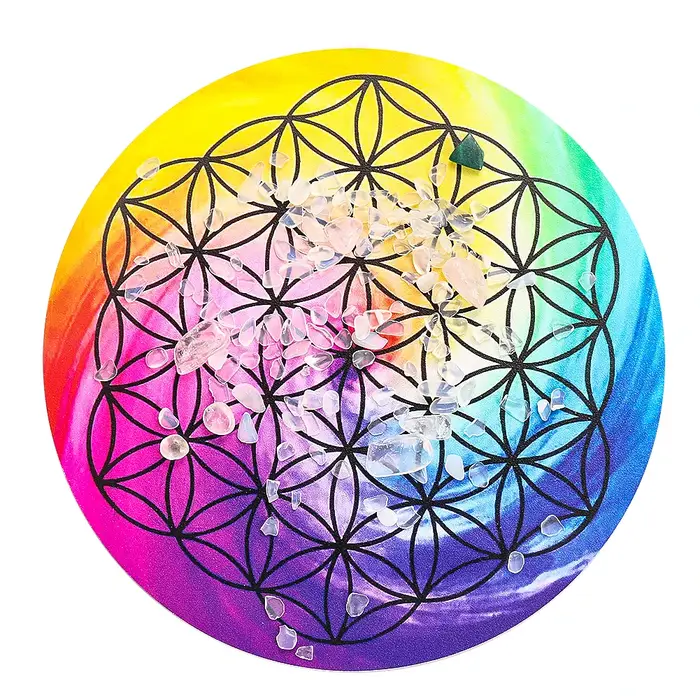 Planche de Mandala arc-en-ciel imprimée fleur de vie, planche de bois, méditation, énergie Reiki, grille en cristal, Base, pendule de guérison, accessoire