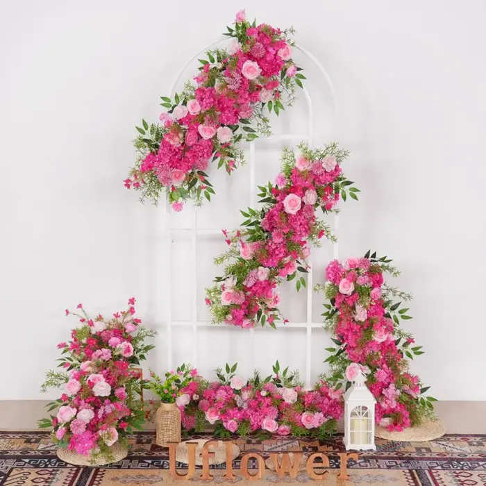 Uflower 100/200cm Guirlande de fleurs de roses rouges et d'hortensias pour centre de table