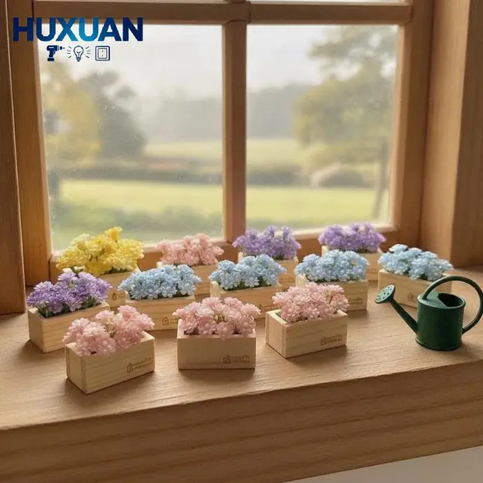 Fleur artificielle miniature en pot dans une boîte en bois, plante réaliste pour la décoration de bureau et d'étagère