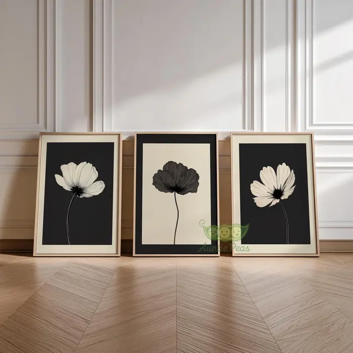 Lot de 3 tableaux muraux floraux noirs et beiges