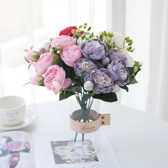 1 Bouquet de 9 Têtes de Fleurs Artificielles en Soie (Pivoine