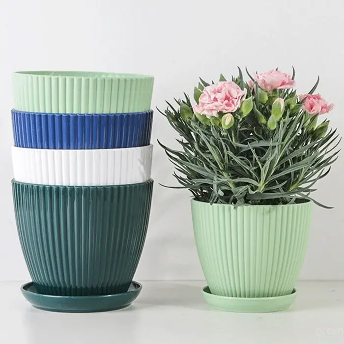 Pots de fleurs en plastique avec plateau