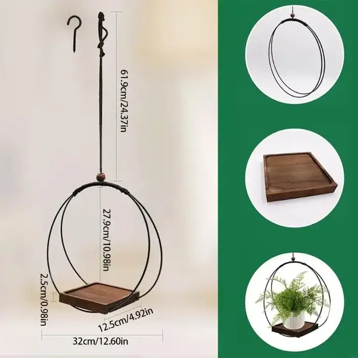 Jardinière suspendue noire avec base en bois