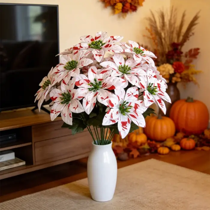 Plante de poinsettia artificielle de 14-31cm, Bouquet de fleurs en soie, fausses feuilles de balsam pour Halloween, décoration de maison et de Noël