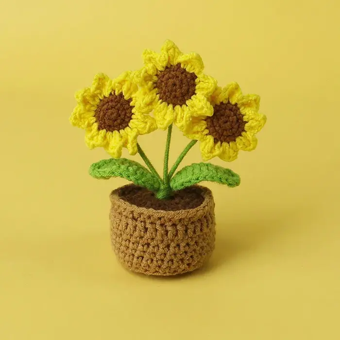 Kawaii Crochet tournesols tricot Pot de fleur Finnshed plante faite à la main voiture Table décor faux tournesol Flores